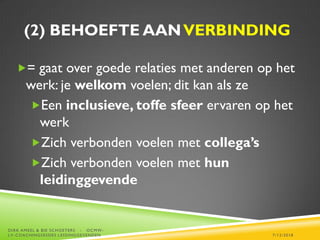 (2) BEHOEFTE AANVERBINDING
= gaat over goede relaties met anderen op het
werk: je welkom voelen; dit kan als ze
Een inclusieve, toffe sfeer ervaren op het
werk
Zich verbonden voelen met collega’s
Zich verbonden voelen met hun
leidinggevende
7/12/2018
DIRK AMEEL & BIE SCHOETERS - OCMW-
LV-COACHINGSESSIES LEIDINGGEVENDEN
 