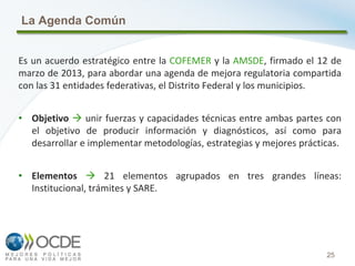 25
La Agenda Común
Es un acuerdo estratégico entre la COFEMER y la AMSDE, firmado el 12 de
marzo de 2013, para abordar una agenda de mejora regulatoria compartida
con las 31 entidades federativas, el Distrito Federal y los municipios.
• Objetivo  unir fuerzas y capacidades técnicas entre ambas partes con
el objetivo de producir información y diagnósticos, así como para
desarrollar e implementar metodologías, estrategias y mejores prácticas.
• Elementos  21 elementos agrupados en tres grandes líneas:
Institucional, trámites y SARE.
 
