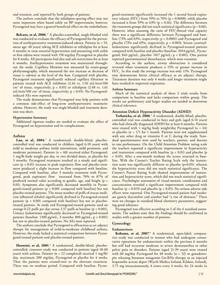 and transient, and reported by both groups of patients.
The authors conclude that the nifedipine-sparing effect may not
seem important when based solely on BP improvement; however,
Pycnogenol may have a general beneficial effect on the endothelium.
Belcaro, et al, 2006.17 A placebo-controlled, single-blinded trial
was conducted to evaluate the efficacy of Pycnogenol for the prevention of antihypertensive treatment-induced edema. Patients (n = 53,
mean age: 48 years) taking ACE inhibitors or nifedipine for at least
4 months to treat essential hypertension and presenting with ankle
or foot edema were treated with 150 mg/day Pycnogenol or placebo
for 8 weeks. All participants had diet and salt restrictions for at least
6 months. Antihypertensive treatment was maintained throughout the study. Capillary filtration was measured by strain-gauge
plethysmography, which measured the size increase or decrease of
tissue (= edema) at the level of the foot. Compared with placebo,
Pycnogenol treatment significantly reduced capillary filtration in
patients treated with ACE inhibitors (2.44 vs. 1.56 mL/min/100
cm3 of tissue, respectively; p < 0.05) or nifedipine (2.48 vs. 1.61
mL/min/100 cm3 of tissue, respectively; p < 0.05). No Pycnogenolinduced AEs were reported.
The study demonstrates that Pycnogenol may help patients with
a common side-effect of long-term antihypertensive treatment:
edema. However, the study was single-blinded and treatment duration was short.
Hypertension Summary
Additional rigorous studies are needed to evaluate the effect of
Pycnogenol on hypertension and its complications.

Asthma

Lau, et al, 2004.7 A randomized, double-blind, placebocontrolled trial was conducted in children (aged 6-18 years) with
mild to moderate asthma (mild intermittent, mild persistent, and
moderate persistent). Patients (n = 60) received either Pycnogenol,
1 mg/lb body weight per day, in two divided doses, or placebo for
3 months. Pycnogenol treatment resulted in a steady and significant (p < 0.01) increase in peak expiratory flow and placebo treatment produced a slight increase in flow compared with baseline.
Compared with baseline, after 3 months treatment with Pycnogenol, peak expiratory flow increased from 70% to 87% of
predicted normal value according to gender, age, and height (p <
0.01). Symptoms also significantly decreased monthly in Pycnogenol-treated patients (p < 0.001 compared with baseline) but not
placebo-treated patients. The mean number of puffs of rescue medicine (albuterol inhaler) significantly declined in Pycnogenol-treated
patients (p < 0.001 compared with baseline) but not in placebotreated patients. At study end Pycnogenol-treated patients used on
average 0.22 puffs per day versus 2.57 puffs at baseline (p < 0.001).
Urinary leukotrienes significantly decreased in Pycnogenol-treated
patients (baseline: 1300 pg/mL, 3 months: 800 pg/mL, p < 0.001)
but not in placebo-treated patients. No AEs were reported.
The authors conclude that Pycnogenol is efficacious as an adjunct
therapy for management of mild-to-moderate childhood asthma.
However, the study lacked a statistical comparison between Pycnogenol-treated patients and placebo-treated patients.

Hosseini, et al, 2001.6 A randomized, double-blind, placebocontrolled, crossover study was conducted in patients (aged 18-60
years) with asthma. Patients (n = 22 completed) received 1 mg/lb/
day, maximum 200 mg/day, Pycnogenol or placebo for 4 weeks.
Then the patients were crossed-over to the alternate treatment.
There was no washout period. Compared with baseline, Pycnowww.herbalgram.org	

genol-treatment significantly increased the 1 second forced expiratory volume (FEV1) from 59% to 70% (p = 0.0008), while placebo
increased it from 59% to 63% (p = 0.46). The difference between
the treatment groups did not reach statistical significance (p = 0.06).
However, when assessing the ratio of FEV1/forced vital capacity
there was a significant difference between Pycnogenol and baseline (73% and 63%, respectively; p < 0.0001) and Pycnogenol and
placebo (73% and 65%, respectively; p = 0.003). Serum cysteinylleukotrienes significantly declined in Pycnogenol-treated patients
compared with baseline and placebo (baseline: 1044 pg/mL, Pycnogenol: 844 pg/mL, placebo: 1017 pg/mL; p < 0.001). One patient
reported gastrointestinal disturbances, which were transient.
According to the authors, airway obstruction is considered
reversed when treatment produces a 15% or greater increase in
FEV1. In this study the average increase was only 11%. Pycnogenol
may demonstrate better clinical efficacy as an adjunct therapy.
Treatment duration was only 4 weeks and longer treatment might
have resulted in improved respiration.
Asthma Summary
Much of the statistical analysis of these 2 trials results from
comparison to baseline and lacks comparison within group. The
results are preliminary and larger studies are needed to determine
clinical relevance.

Attention Deficit Hyperactivity Disorder (ADHD)

Trebaticka, et al, 2006.5 A randomized, double-blind, placebocontrolled trial was conducted in boys and girls (aged 6-14 years)
who had clinically diagnosed ADHD for at least 6 months. Patients
were treated with 1 mg/kg body weight/day Pycnogenol (n = 44)
or placebo (n = 17) for 1 month. Patients were not supplemented
with any other drug or vitamins E or C during the study. Standard questionnaires were used by teachers, parents, and doctors
to rate performance. On the Child Attention Problem rating scale
the teachers reported a significant improvement in hyperactivity
and inattention compared with baseline (p < 0.01) and placebo (p
< 0.05). After a one-month washout the scores returned to baseline. With the Conner’s Teacher Rating Scale only the inattention score was significantly different to placebo (p<0.05), whereas
the hyperactivity score did not reach statistical significance. The
Conner’s Parent Rating Scale showed improvements of inattention and hyperactivity score, which did not reach statistical significance. Psychologist assessment of visual-motoric coordination and
concentration revealed a significant improvement compared with
baseline (p = 0.019) and placebo (p = 0.05). No serious adverse side
effects were reported. One Pycnogenol-treated patient had moderate gastric discomfort and another had “a rise of slowness.” There
were no changes in standard blood chemistry parameters, suggesting good tolerance
Pycnogenol was effective according to 2 of the 4 standard assessments. The authors state that the findings should be confirmed in
studies with a greater number of patients.

Gynecology
Endometriosis
Kohama, et al, 2007.8 A randomized, open-label, comparative study was conducted in women who had undergone conservative operations for endometriosis within the previous 6 months
but still had recurrent moderate to severe dysmenorrhea or other
pelvic pain or disorders. Patients (aged 21-39 years) were treated
with 60 mg/day Pycnogenol for 48 weeks (n = 32) or gonadotropin releasing hormone antagonist Gn-RHa therapy as an injected
leuprorelin acetate depot (Wyeth Medica Ireland, Kildare, Ireland),
3.75 mg intracutaneously, 6 times every 4 weeks, for 24 weeks (n

Scientific and Clinical Monograph for PYCNOGENOL® 	

      |  13

 
