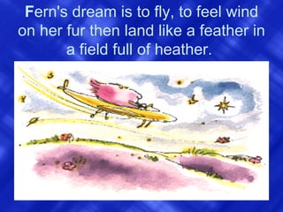 F ern's dream is to fly, to feel wind on her fur then land like a feather in a field full of heather.  