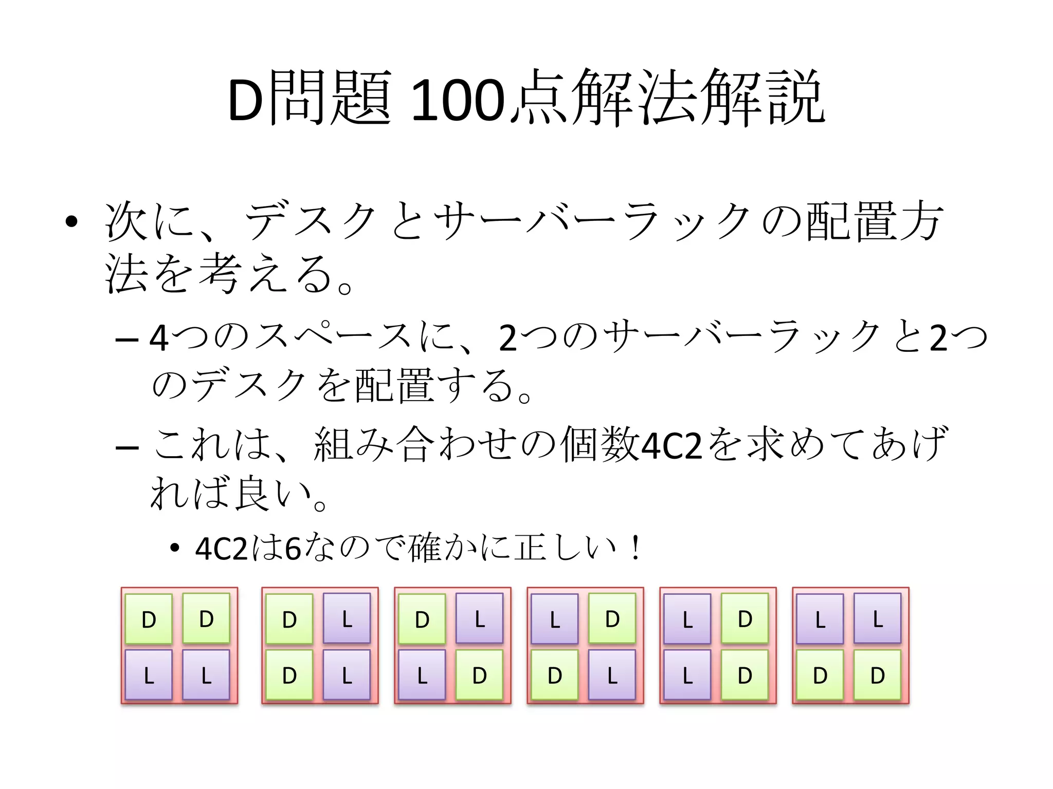 D問題 100点解法解説
• 次に、デスクとサーバーラックの配置方
法を考える。
– 4つのスペースに、2つのサーバーラックと2つ
のデスクを配置する。
– これは、組み合わせの個数4C2を求めてあげ
れば良い。
• 4C2は6なので確かに正しい！
D

D

D

L

D

L

L

D

L

D

L

L

L

L

D

L

L

D

D

L

L

D

D

D

 