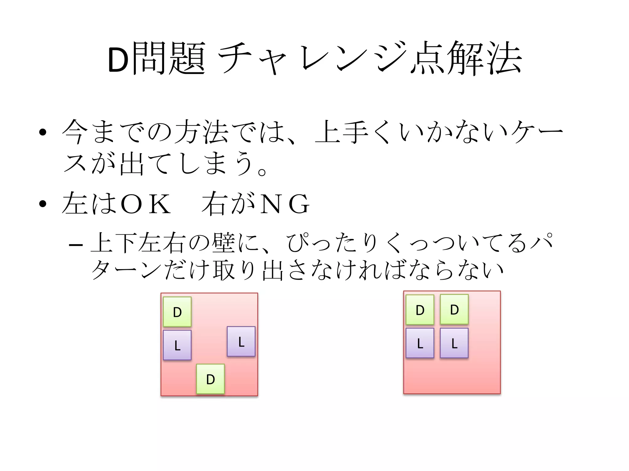 D問題 チャレンジ点解法
• 今までの方法では、上手くいかないケー
スが出てしまう。
• 左はＯＫ 右がＮＧ
– 上下左右の壁に、ぴったりくっついてるパ
ターンだけ取り出さなければならない
D

D
L

L
D

D

L

L

 