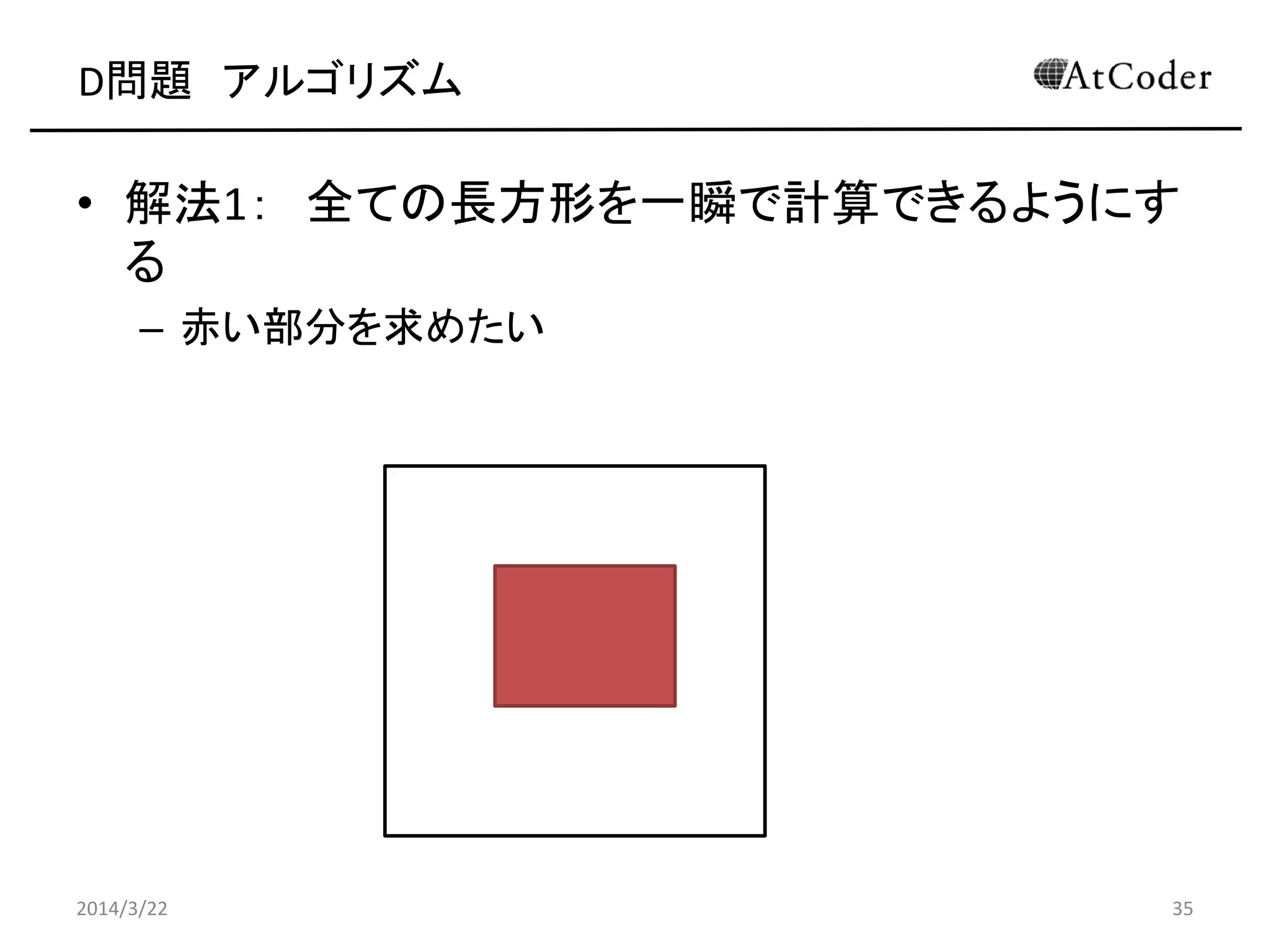 D問題 アルゴリズム
• 解法1： 全ての長方形を一瞬で計算できるようにす
る
– 赤い部分を求めたい
2014/3/22 35
 