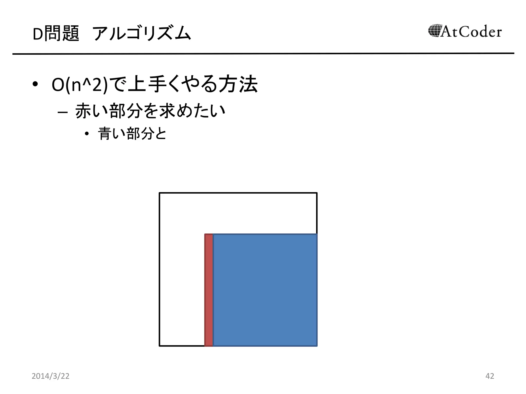 D問題 アルゴリズム
• O(n^2)で上手くやる方法
– 赤い部分を求めたい
• 青い部分と
2014/3/22 42
 