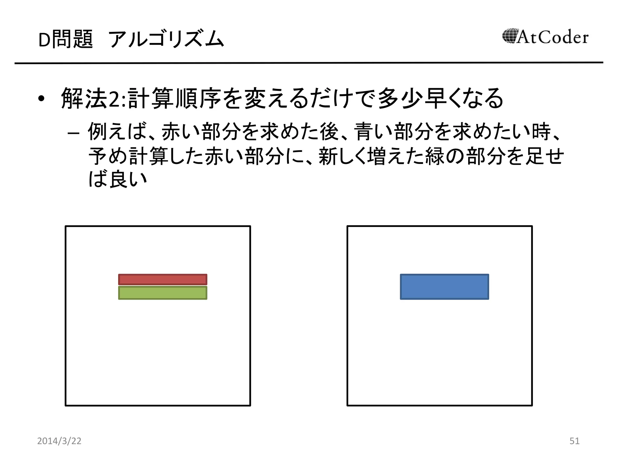 D問題 アルゴリズム
• 解法2:計算順序を変えるだけで多少早くなる
– 例えば、赤い部分を求めた後、青い部分を求めたい時、
予め計算した赤い部分に、新しく増えた緑の部分を足せ
ば良い
2014/3/22 51
 