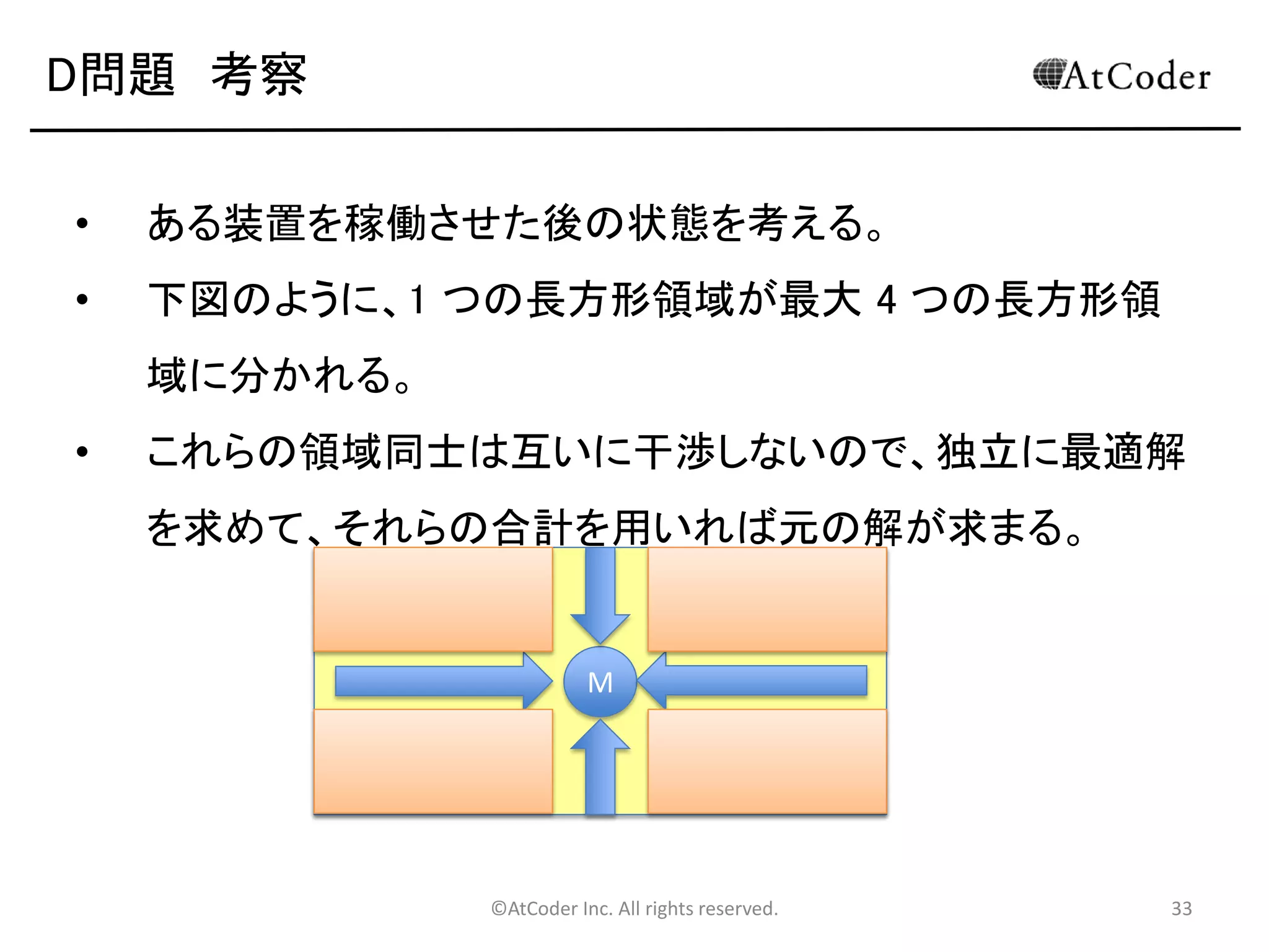©AtCoder Inc. All rights reserved. 33
D問題 解法その 1
• C 問題同様、N ! 通りのすべての組み合わせをシ
ミュレーションする解法があります。
• 計算量は O(R×C×N!) で、この方針で 80 点を得
ることができます。 (N≦8, 1≦W,H≦80)
• DFSとかで、装置の起動順序を全探索
• さらに高い点数を得るためにはこの問題について
の考察が必要になります。
 
