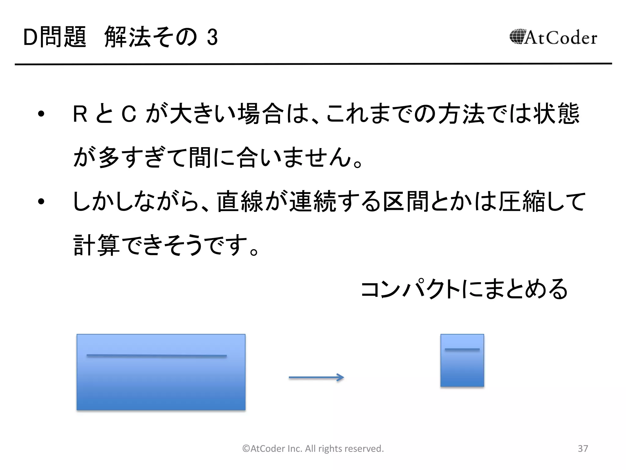 ©AtCoder Inc. All rights reserved. 37
D問題 考察
• このように、ある大きさにおける最適解を求める際
に、より小さい部分の最適解を求めてその値を用
いて元の最適解を求める手法一般を動的計画法と
言います。
• この問題では動的計画法を用いて効率的に解くこ
とができます。
 