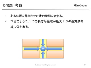 ©AtCoder Inc. All rights reserved. 32
D問題 問題概要
• N 個の装置と W×H 個の金塊についての情報が与
えられます。
• 最適に装置を動かして、できるだけ多くの金塊を
取ってください。
• 1 ≦ N ≦ 30
• 1 ≦ W ≦ 10^6
• 1 ≦ H ≦ 10^6
 