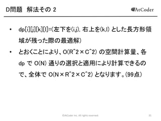 ©AtCoder Inc. All rights reserved. 35
D問題 考察
• ある装置を稼働させた後の状態を考える。
• 下図のように、1 つの長方形領域が最大 4 つの長方形領
域に分かれる。
M
 