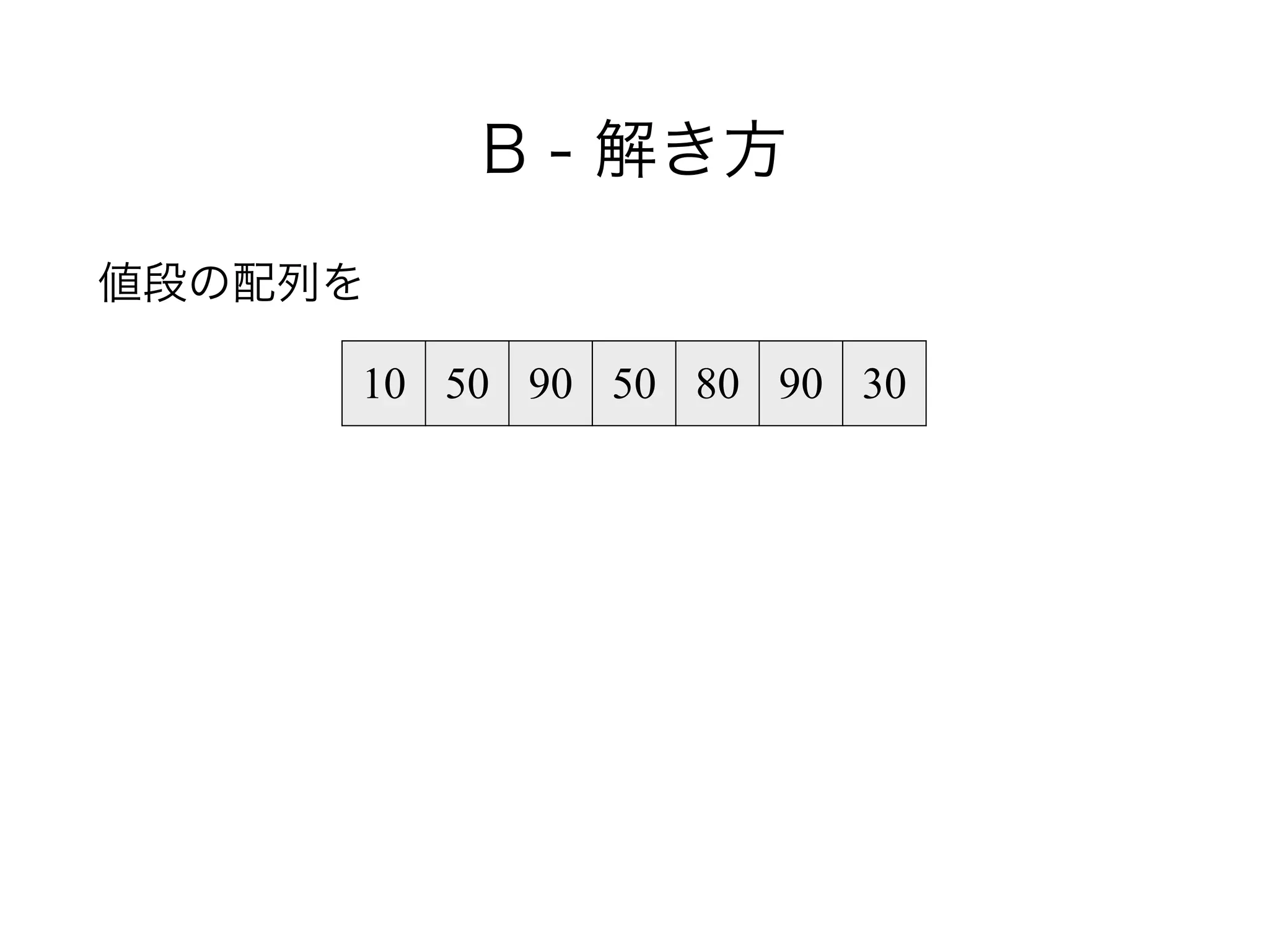 B - 解き方
値段の配列を
!
10 50 90 50 80 90 30
 