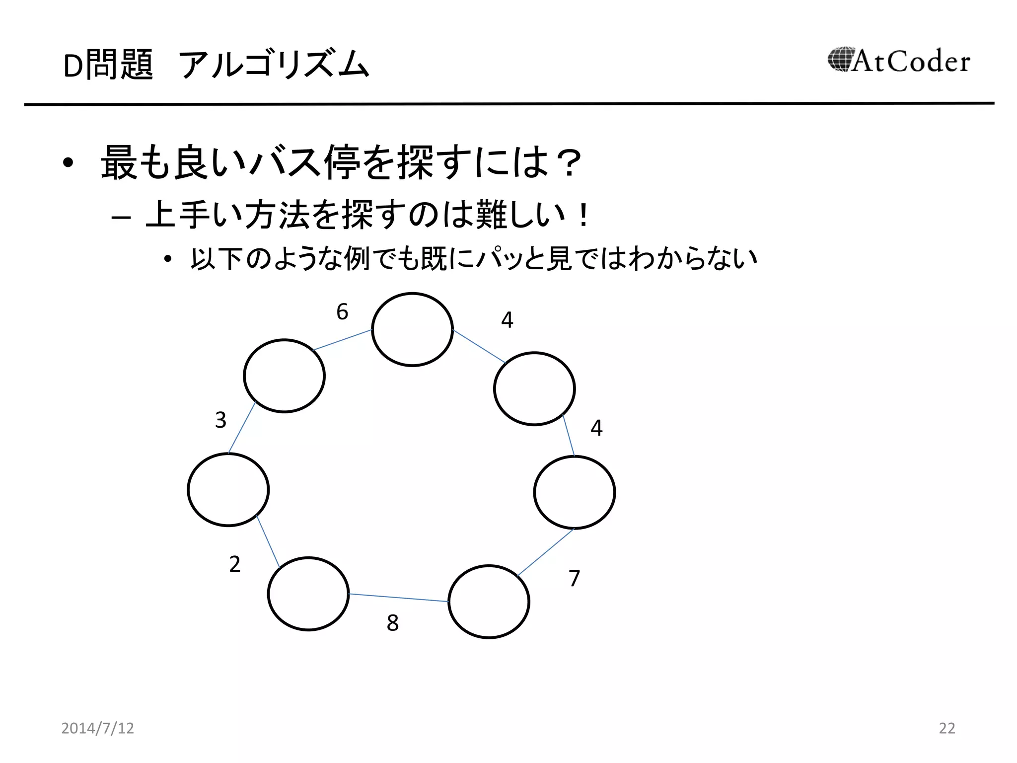D問題 アルゴリズム
• 最も良いバス停を探すには？
– 上手い方法を探すのは難しい！
• 以下のような例でも既にパッと見ではわからない
2014/7/12 22
6 4
3
2
8
7
4
 