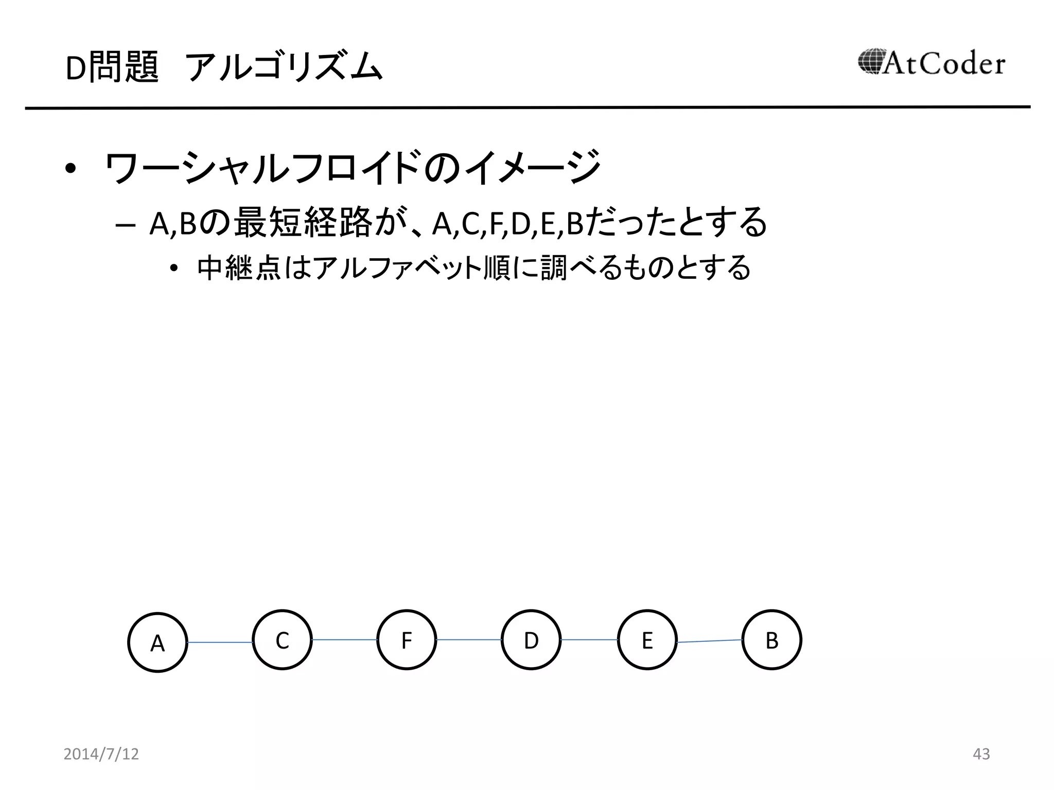D問題 アルゴリズム
• ワーシャルフロイドのイメージ
– A,Bの最短経路が、A,C,F,D,E,Bだったとする
• 中継点はアルファベット順に調べるものとする
2014/7/12 43
A C EF D B
 