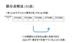 部分点解法 (30点)
• 例 (上はサプリメント番号と色,下は dp の値)
サプリ1(色1) サプリ2(色2) サプリ3(色1) サプリ4(色2) サプリ5(色2)
1 2 3
• この範囲ならば次のdp値に反映できる
(dp[i] が「i 番目までを食べている」ことに注意)
初日(何も食べ
てない)
1
 