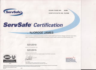 E X A M FOR M N O. 10158
C E R T I FIe ATE NO. 7117430
~erw~ale®Certification
TO Nj(~JR'O-GEJ·AM:E.S
for successfully completing the standards set forth for the ServSafe<!>Food Protection Manager Certification Examination,
which is accredited by the American National Standards Institute (ANSI)-Conference for Food Protection (CFP).
5/31/2010
DATE OF EXAMINATION
5/31/2015
DATE OF EXPIRATION
Local laws apply. Check with your local regulatory agency for recertification requirements .
• ~-
#0655
David Gilbert
Chief Operating Officer, National Restaurant Association
Executive Director, National Restaurant Association Solutions
NATIONAL~
RESTAURANT
ASSOCIATION®
©2009 National Restaurant Association Educational Foundation. An rights reserved. ServSafe and the ServSafe logo are registered trademarks of the National Restaurant Association Educational Foundation,
and used und er license by National Restaurant Association Solutions. LLC, a wholly owned subsidiary of the National Restaurant Association.
This document cannot be reproduced or altered.
08121102 v.l004
 