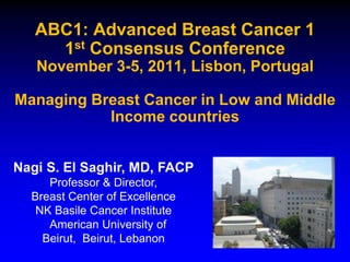 ABC1: Advanced Breast Cancer 1
     1st Consensus Conference
   November 3-5, 2011, Lisbon, Portugal

Managing Breast Cancer in Low and Middle
           Income countries


Nagi S. El Saghir, MD, FACP
     Professor & Director,
  Breast Center of Excellence
   NK Basile Cancer Institute
     American University of
    Beirut, Beirut, Lebanon
 