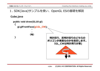 １. SDK(Java)サンプルを使い、OpenGL ESの基礎を解説
Cube.java

  public void draw(GL10 gl)
   {
     gl.glFrontFace(gl.GL_CW);
          ・
          ・
         （略）
   }                          時計回り、反時計回りのどちらの
                             ポリゴンが表⾯なのかを指定します。
                               （GL_CWは時計周りが表)




                                                       表



                                 <14>   (C)2011 HI CORPORATION. All Rights Reserved.
 