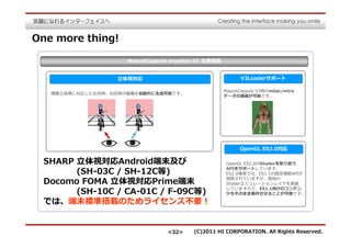One more thing!

                     MascotCapsule eruption ST 主要機能


                  ⽴体視対応                                     V3Loaderサポート

                                                      MascotCapsule V3用のmbac/mtra
   裸眼⽴体視に対応した左目用、右目用の画像を自動的に⽣成可能です。
                                                      データの描画が可能です。




                                                            OpenGL ES2.0対応

 SHARP ⽴体視対応Android端末及び                               OpenGL ES2.0のShaderを取り扱う

       (SH-03C / SH-12C等)                             APIをサポートしています。
                                                      ES2.0環境では、ES1.1の固定機能APIが

 Docomo FOMA ⽴体視対応Prime端末                             削除されていますが、独自の
                                                      Shaderエミュレーションレイヤを実装

       (SH-10C / CA-01C / F-09C等)                     していますので、ES1.1向けのコンテン
                                                      ツもそのまま動作させることが可能です。

 では、端末標準搭載のためライセンス不要！


                                 <32>     (C)2011 HI CORPORATION. All Rights Reserved.
 