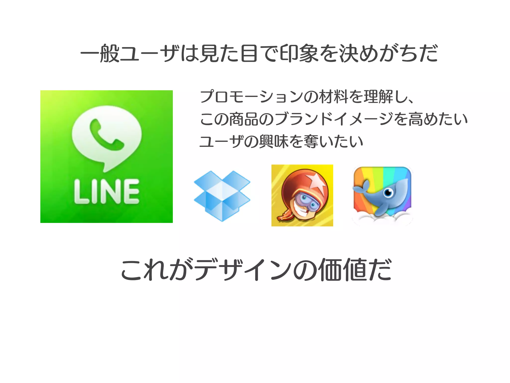 一般ユーザは見た目で印象を決めがちだ

     プロモーションの材料を理解し、
     この商品のブランドイメージを高めたい
     ユーザの興味を奪いたい




 これがデザインの価値だ
 