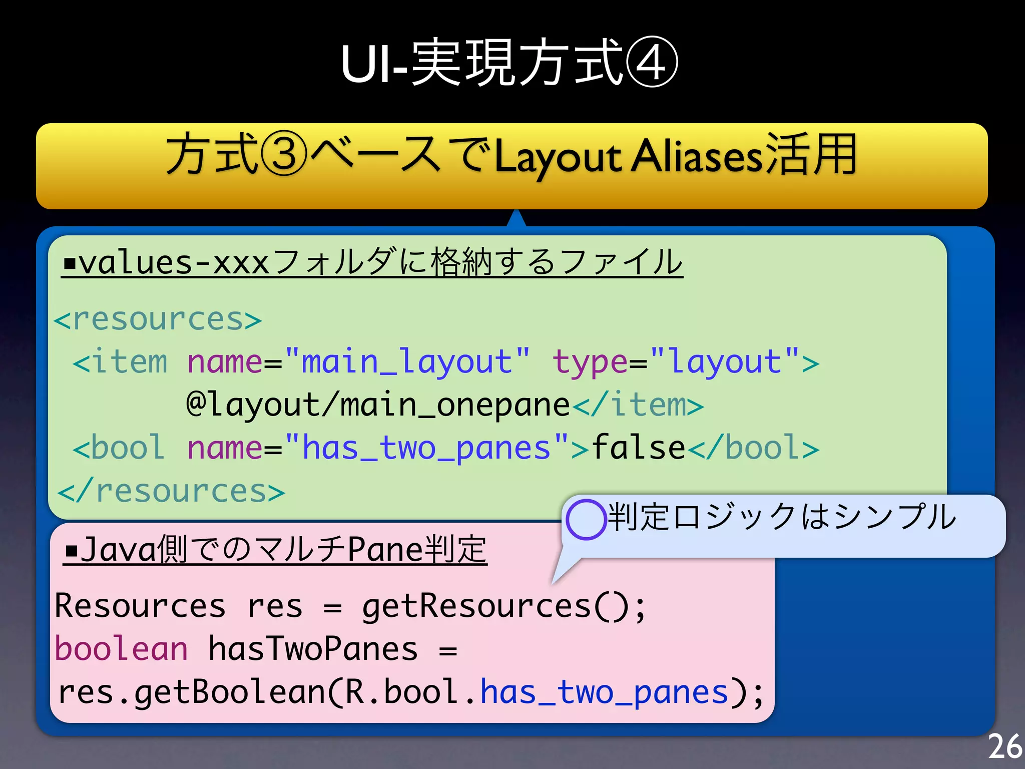UI-実現方式④
     方式③ベースでLayout Aliases活用

■values-xxxフォルダに格納するファイル
<resources>
  <item name="main_layout" type="layout">
        @layout/main_onepane</item>
  <bool name="has_two_panes">false</bool>
</resources>
 ■Java側でのマルチPane判定         ○ 判定ロジックはシンプル


                       ○
Resources res = getResources();
boolean hasTwoPanes =
res.getBoolean(R.bool.has_two_panes);
                                            26
 