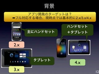 背景
     アプリ開発のターゲットは？
➡フル対応する場合、現時点では基本的に2.x/3.x/4.x

                    フォン＋
                    ハンドセット
      主にハンドセット     タブレット
                    ＋タブレット


2.x


       タブレット
                       4.x
3.x                              12
 