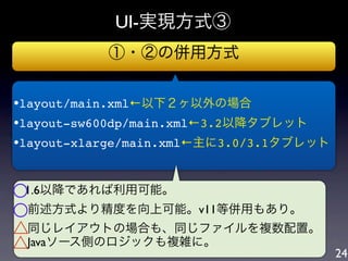 UI-実現方式③
           ①・②の併用方式


•layout/main.xml←以下２ヶ以外の場合
•layout-sw600dp/main.xml←3.2以降タブレット
•layout-xlarge/main.xml←主に3.0/3.1タブレット


○1.6以降であれば利用可能。

○
 前述方式より精度を向上可能。v11等併用もあり。
△
 同じレイアウトの場合も、同じファイルを複数配置。
△
 Javaソース側のロジックも複雑に。
                                         24
 