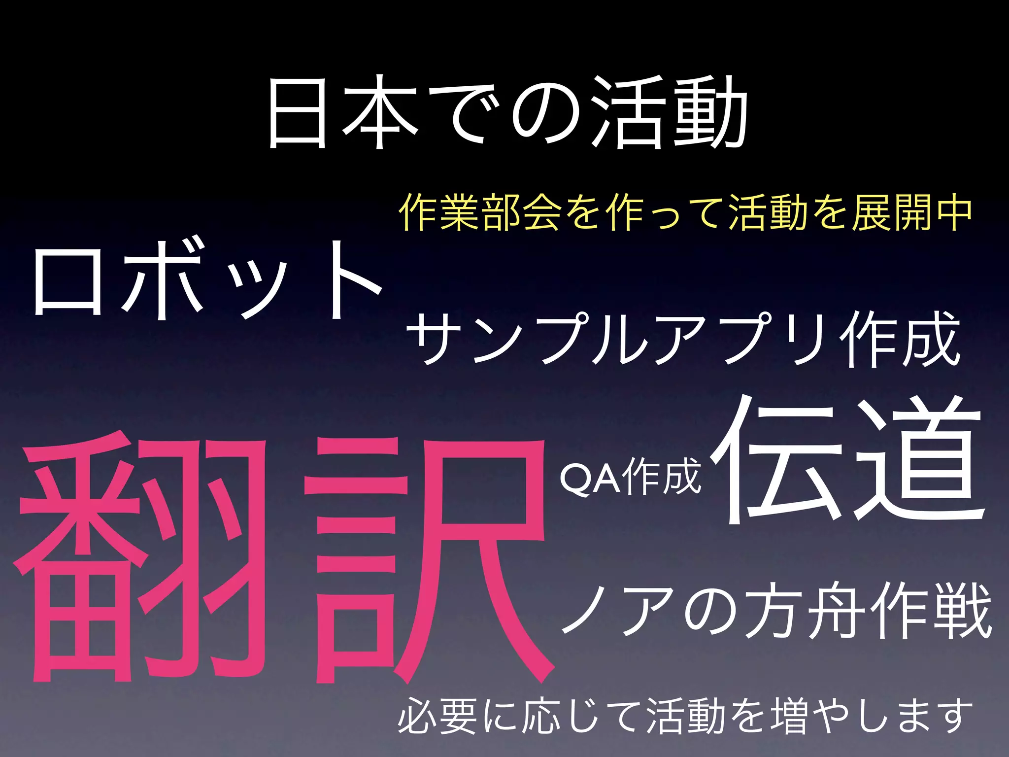 日本での活動
     作業部会を作って活動を展開中

ロボット サンプルアプリ作成

               伝道
翻訳
        QA作成


        ノアの方舟作戦
     必要に応じて活動を増やします
 