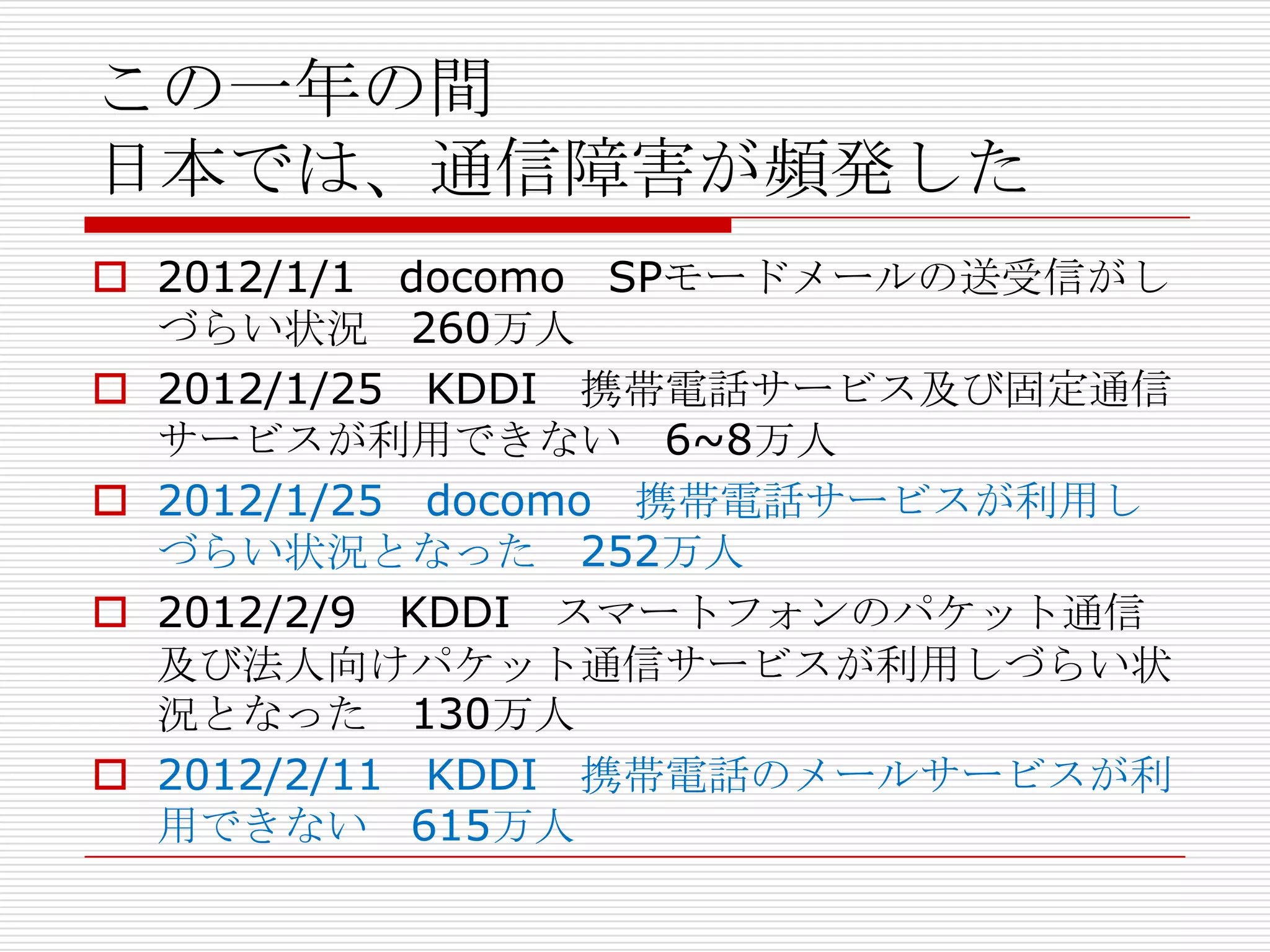 この一年の間
日本では、通信障害が頻発した
 2012/1/1 docomo SPモードメールの送受信がし
  づらい状況 260万人
 2012/1/25 KDDI 携帯電話サービス及び固定通信
  サービスが利用できない 6~8万人
 2012/1/25 docomo 携帯電話サービスが利用し
  づらい状況となった 252万人
 2012/2/9 KDDI スマートフォンのパケット通信
  及び法人向けパケット通信サービスが利用しづらい状
  況となった 130万人
 2012/2/11 KDDI 携帯電話のメールサービスが利
  用できない 615万人
 