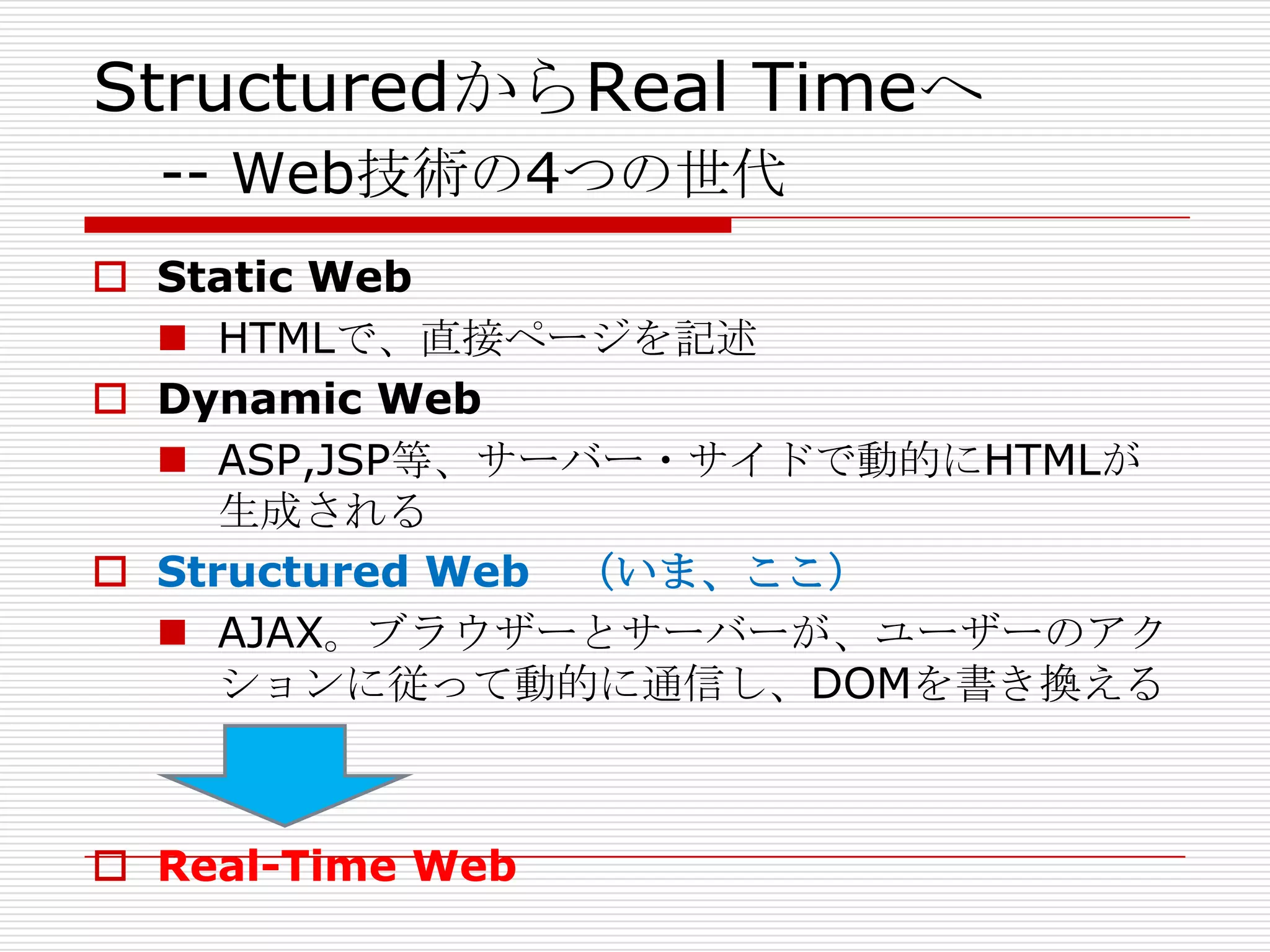StructuredからReal Timeへ
  -- Web技術の4つの世代
 Static Web
   HTMLで、直接ページを記述
 Dynamic Web
   ASP,JSP等、サーバー・サイドで動的にHTMLが
     生成される
 Structured Web （いま、ここ）
   AJAX。ブラウザーとサーバーが、ユーザーのアク
     ションに従って動的に通信し、DOMを書き換える



 Real-Time Web
 