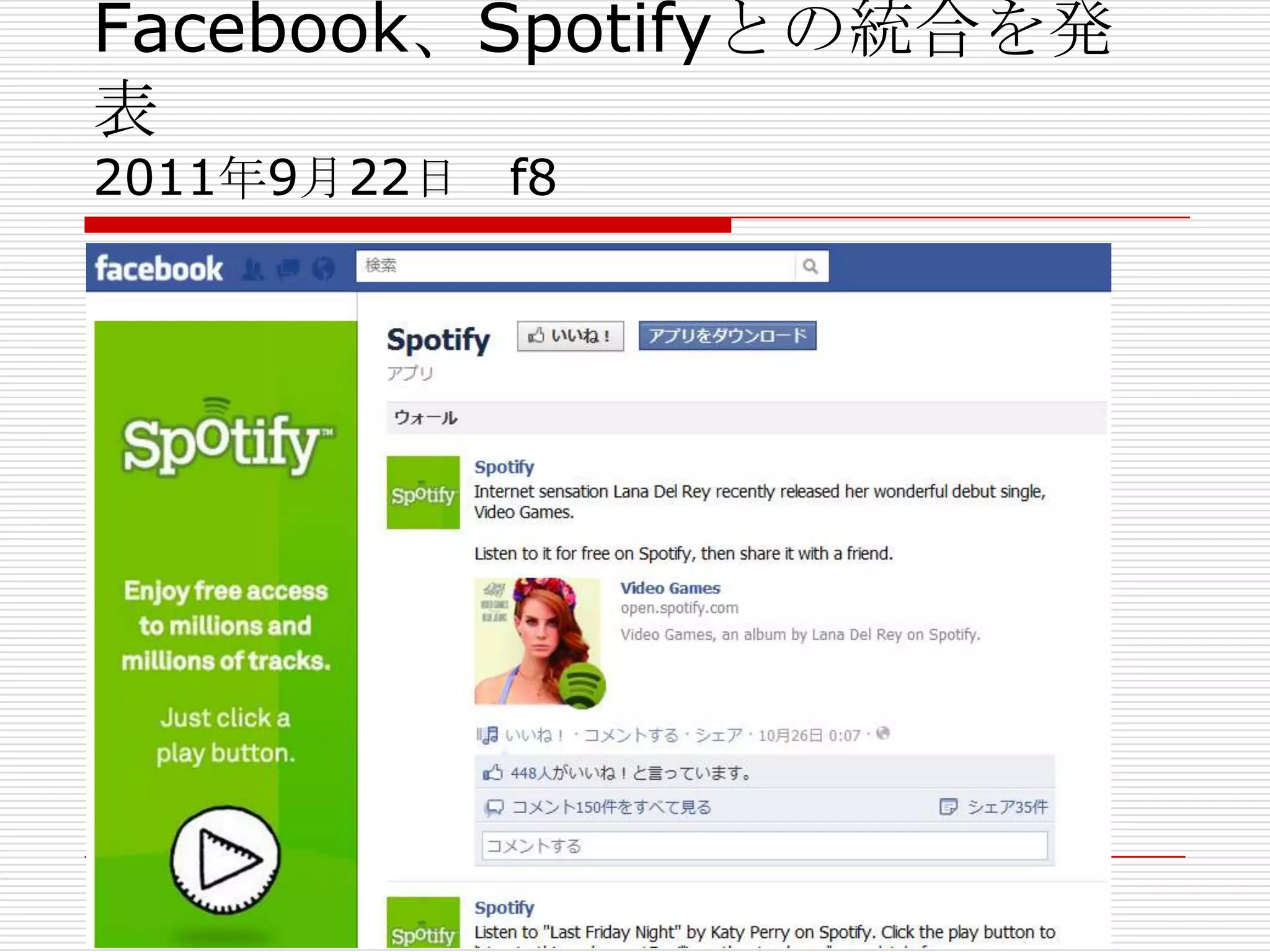 Facebook、Spotifyとの統合を発
表
2011年9月22日 f8




  1日当たりの利用者数、5億人に達する
 
