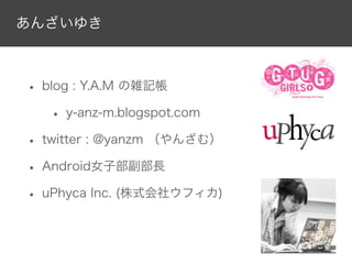 あんざいゆき

• blog : Y.A.M の雑記帳
• y-anz-m.blogspot.com
• twitter : @yanzm （やんざむ）
• Android女子部副部長
• uPhyca Inc. (株式会社ウフィカ)

 