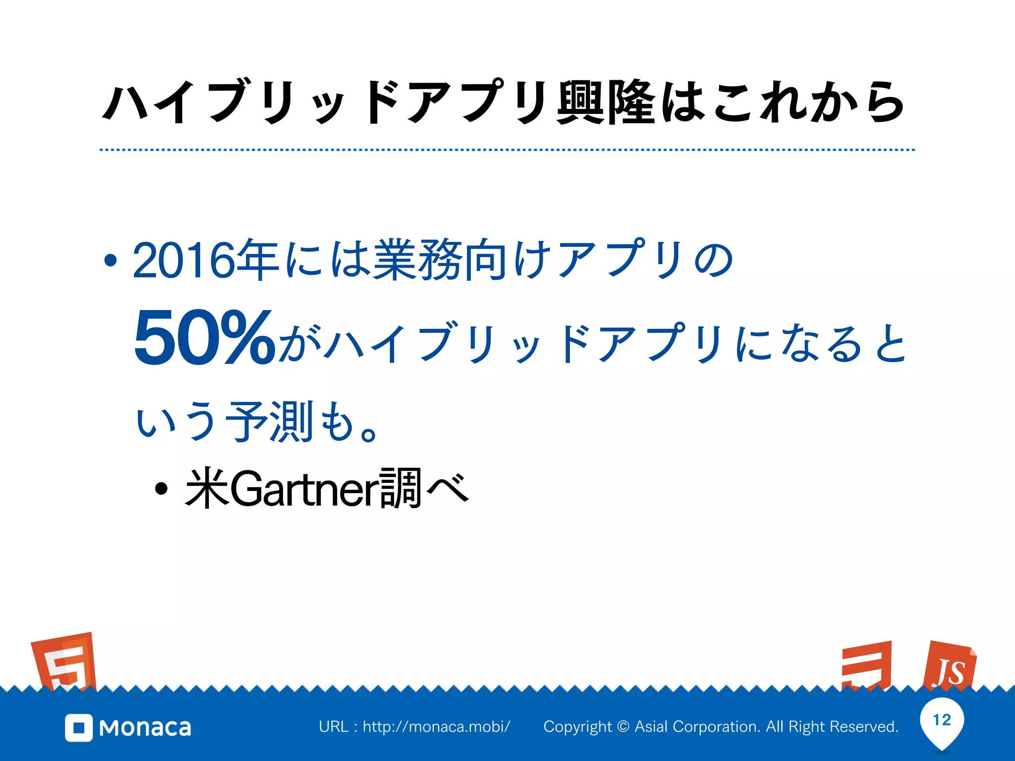 ハイブリッドアプリ興隆はこれから


• 2016年には業務向けアプリの
50%がハイブリッドアプリになると
いう予測も。
• 米Gartner調べ


      URL : http://monaca.mobi/   Copyright © Asial Corporation. All Right Reserved.   12
 