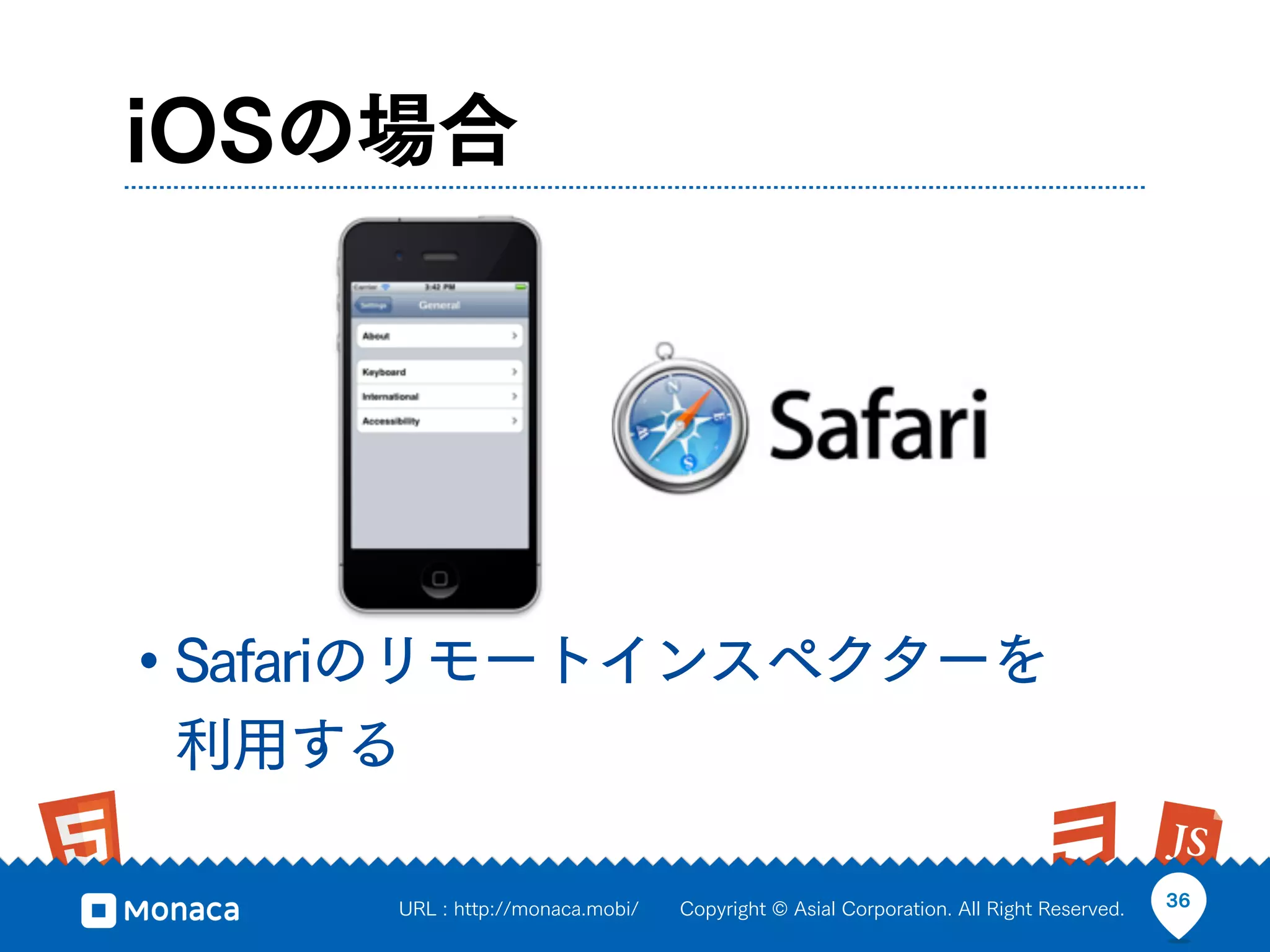 iOSの場合




• Safariのリモートインスペクターを
利用する

      URL : http://monaca.mobi/   Copyright © Asial Corporation. All Right Reserved.   36
 