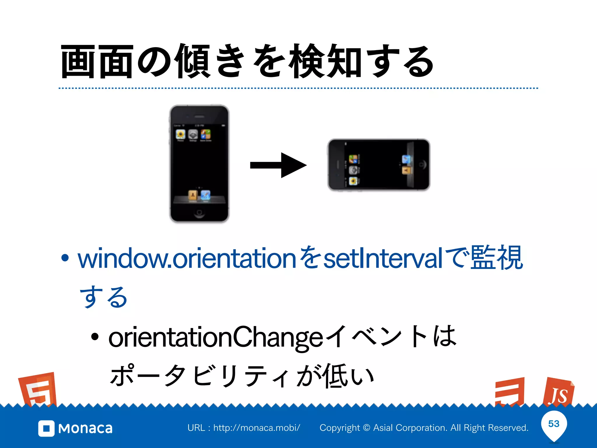 画面の傾きを検知する




• window.orientationをsetIntervalで監視
 する
 • orientationChangeイベントは
   ポータビリティが低い
         URL : http://monaca.mobi/   Copyright © Asial Corporation. All Right Reserved.   53
 