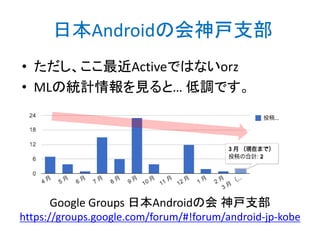 日本Androidの会神戸支部
• ただし、ここ最近Activeではないorz
• MLの統計情報を見ると… 低調です。
Google Groups 日本Androidの会 神戸支部
https://groups.google.com/forum/#!forum/android-jp-kobe
http://bit.ly/abc2014kobe
 