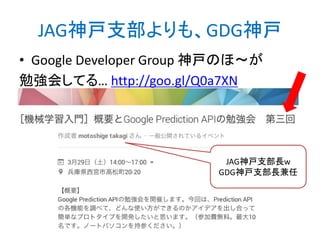 JAG神戸支部よりも、GDG神戸
• Google Developer Group 神戸のほ～が
勉強会してる… http://goo.gl/Q0a7XN
JAG神戸支部長w
GDG神戸支部長兼任
http://bit.ly/abc2014kobe
 