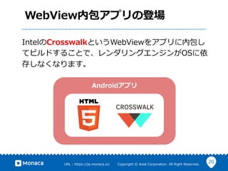20URL ?: ?https://ja.monaca.io/ ? ? ? ? ? ? ?Copyright ?? ?Asial ?Corporation. ?All ?Right ?Reserved.
WebViewڰץεǈ
IntelCrosswalkȤWebView򥢥ץڰ
ƥӥɤ뤳Ȥǡ󥰥󥸥OS
椷ʤʤޤ
Androidץ
 