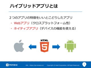 5URL ?: ?https://ja.monaca.io/ ? ? ? ? ? ? ?Copyright ?? ?Asial ?Corporation. ?All ?Right ?Reserved.
ϥ֥åɥץȤ
ĤΥץ؏դ򤤤Ȥɤꤷץ
 ?? ?Webץ꣨ץåȥե`ԣ
 ?? ?ͥƥ֥ץ꣨ǥХΙCܤʹ룩
 