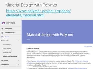 Material Design with Polymer
Copyright © 2014 Secret Lab, Inc. All rights reserved. 9
https://www.polymer-project.org/docs...