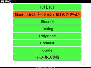 31
BluetoothのバージョンとBLEのおさらい
IoTとBLE
Eddystone
HomeKit
ucode
その他の規格
iBeacon
Linking
 