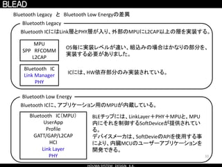 33
Bluetooth Legacy と Bluetooth Low Energyの差異
Bluetooth Legacy
Bluetooth ICにはLink層とPHY層が入り、外部のMPUにL2CAP以上の層を実装する。
MPU
SPP RFCOMM
L2CAP
Bluetooth IC
Link Manager
PHY
Bluetooth Low Energy
Bluetooth ICに、アプリケーション用のMPUが内蔵している。
Bluetooth IC（MPU）
UserApp
Profile
GATT/GAP/L2CAP
HCI
Link Layer
PHY
OS毎に実装レベルが違い、組込みの場合はかなりの部分を、
実装する必要がありました。
ICには、HW依存部分のみ実装されている。
BLEチップには、LinkLayer＋PHY＋MPUと、MPU
内にそれを制御するSoftDeviceが提供されてい
る。
デバイスメーカは、SoftDevieのAPIを使用する事
により、内臓MCUのユーザーアプリケーションを
開発できる。
 