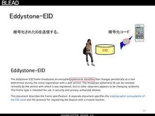 64
Eddystone-EID
暗号化されたIDを送信する。
EID
暗号化コード
 