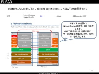 81
IPSP
Internet Protocol
Support Profile
1.0 Active 16 December 2014
BluetoothSIGにLoginします、adopted-specificationsに下記の「1.0」を開きます。
ドキュメントを開くと
NodeとRouterのスタック図も存在
します。
GAPで機器検出と接続を行い、
サービス検出の為に、IPSS、GATT、
ATTを使用します。
 