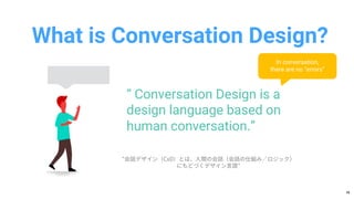 14
What is Conversation Design?
“ Conversation Design is a
design language based on
human conversation.”
In conversation,
...