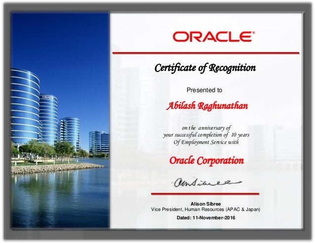 oracle 10 years service award certificate certificate of recognition for years of service
