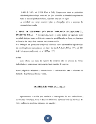 10.406 de 2002, art 1.119). Com a fusão desaparecem todas as sociedades
     anteriores para dar lugar a uma só, na qual todas elas se fundem extinguindo-se
     todas as pessoas jurídica existente, seguindo antes em seu lugar.
     A sociedade que surge assumirá todas as obrigações ativas e passivas da
     sociedade funcionada.


3. TIPOS DE SOCIEDADE QUE PODIA PROCEDER INCORPORAÇÃO,
FUSÃO OU CISÃO – A incorporação, fusão ou cisão podem ser operadas entre
sociedade de tipos iguais ou diferentes e deverão ser deliberadas na forma prevista para
a alteração dos respectivos estatutos ou contratos sociais.
Nas operações em que houver criação de sociedade serão observada as regularidades
da constituição das sociedades do seu tipo ( Lei das S.A. Lei 6.404 de 1976, art. 223
&& 3 e 4, acrescentados pela Lei n/ 9.457 de 1997)


Notas:
     Com relação aos itens de registro de comércio não se aplicam às firmas
individuais, os processos de incorporação, fusão ou cisão de empresa.


Fonte: Perguntas e Respostas – Pessoa Jurídica – Ano calendário 2004 – Ministério da
Fazenda – Secretaria da Receita Federal.




                        2.5.EXERCÍCIO PARA AVALIAÇÃO




     Apresentamos exercício para avaliação e desempenho do seu conhecimento,
assinalando com (x) se Ativo ou Passivo Patrimonial e (xx) se conta de Resultado do
Ativo ou Passivo, conforme indicamos em seguida::




                                           20
 
