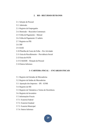 2.   RH – RECURSOS HUMANOS


2.1. Seleção de Pessoal
2.2. Admissão
2.3. Registro de Empregados
2.4. Demissão – Rescisões Contratuais
2.5. Folha de Pagamento – Mensal
2.6. Folha de Pagamento 13 salário
2.7. Registro no PIS
2.8. DIF
2.9. RAIS
2.10 Planilha de Custo da Folha - Por Atividade
2.11 Guia de Recolhimento – Previdência Social
2.12 Guia do FGTS
2.13 CAGEDE – Rotação de Pessoal
2.14 Outros Informes


                 3– CARTEIRA FISCAL - ENCARGOS FISCAIS


3.1. Registro de Entradas de Mercadorias
3.2. Registro de Saídas de Mercadorias
3.3. Apuração dos Impostos – IPI – ICMS
3.4. Registro de ISS
3.5. Registro de Talonários e Termo de Ocorrência
3.6. Registro de Inventário
3.7. Informações Fiscais
3.7.1. Exatoria Federal
3.7.2. Exatoria Estadual
3.7.3. Exatoria Municipal
3.7.4. Outros Informes



                                         29
 