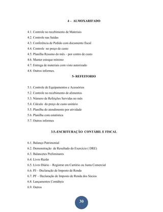 4 – ALMOXARIFADO


4.1. Controle no recebimento de Materiais
4.2. Controle nas Saídas
4.3. Conferência de Pedido com documento fiscal
4.4. Controle no preço de custo
4.5. Planilha Resumo do mês – por centro de custo
4.6. Manter estoque mínimo
4.7. Entrega de materiais com visto autorizado
4.8. Outros informes.
                                  5- REFEITORIO


5.1. Controle de Equipamentos e Acessórios
5.2. Controle no recebimento de alimentos
5.3. Número de Refeições Servidas no mês
5.4. Cálculo do preço de custo unitário
5.5. Planilha do atendimento por atividade
5.6. Planilha com estatística
5.7. Outros informes


                   3.5.-ESCRITURAÇÃO CONTÁBIL E FISCAL


6.1. Balanço Patrimonial
6.2. Demonstração de Resultado do Exercício ( DRE)
6.3. Balancetes Preliminares
6.4. Livro Razão
6.5. Livro Diário – Registrar em Cartório ou Junta Comercial
6.6. PJ – Declaração de Imposto de Renda
6.7. PF – Declaração de Imposto de Renda dos Sócios
6.8. Lançamentos Contábeis
6.9. Outros



                                          30
 