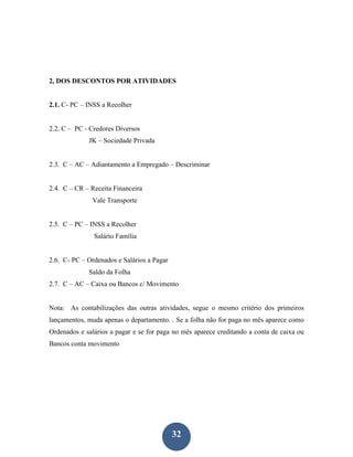 2, DOS DESCONTOS POR ATIVIDADES


2.1. C- PC – INSS a Recolher


2.2. C – PC - Credores Diversos
             JK – Sociedade Privada


2.3. C – AC – Adiantamento a Empregado – Descriminar


2.4. C – CR – Receita Financeira
              Vale Transporte


2.5. C – PC – INSS a Recolher
               Salário Família


2.6. C- PC – Ordenados e Salários a Pagar
             Saldo da Folha
2.7. C – AC – Caixa ou Bancos c/ Movimento


Nota: As contabilizações das outras atividades, segue o mesmo critério dos primeiros
lançamentos, muda apenas o departamento. . Se a folha não for paga no mês aparece como
Ordenados e salários a pagar e se for paga no mês aparece creditando a conta de caixa ou
Bancos conta movimento




                                            32
 