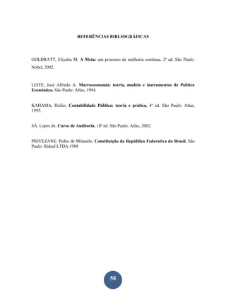 REFERÊNCIAS BIBLIOGRÁFICAS




GOLDRATT, Eliyahu M. A Meta: um processo de melhoria contínua. 2ª ed. São Paulo:
Nobel, 2002.



LEITE, José Alfredo A. Macroeconomia: teoria, modelo e instrumentos de Política
Econômica. São Paulo: Atlas, 1994.


KAHAMA, Heilio. Contabilidade Pública: teoria e prática. 4ª ed. São Paulo: Atlas,
1995.


SÁ. Lopes de. Curso de Auditoria. 10ª ed. São Paulo: Atlas, 2002.


PIOVEZANE. Pedro de Milanélo. Constituição da República Federativa do Brasil. São
Paulo: Rideel LTDA.1988




                                          58
 