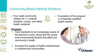 Community-Based Medical Rotations
Purpose:
1. Train residents to be increasingly aware of
the barriers to care, along with the social
and environmental factors that affect the
community’s health
2. Increase the supply of health professionals
in underserved communities
 Foundation of the program
is in federally qualified
health centers
 Four week community
rotation for all medical
students, nurses, and allied
health residents
 